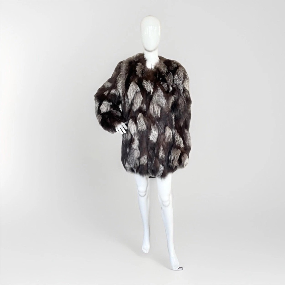 Yves Salomon Black and Brown Fox Fur Coat Silk Lined 38